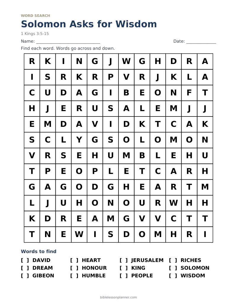 Solomon Asks for Wisdom Bible word search to print, with words like DAVID, DREAM, GIBEON and more