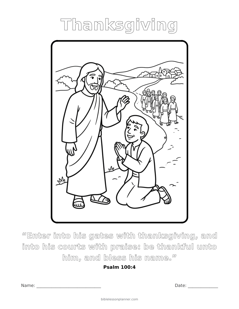 Thanksgiving coloring page to print, with the memory verse Psalm 100:4