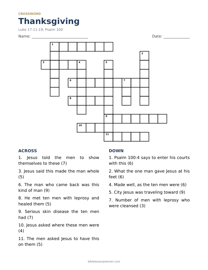 Thanksgiving Bible crossword puzzle to print, with across and down clues