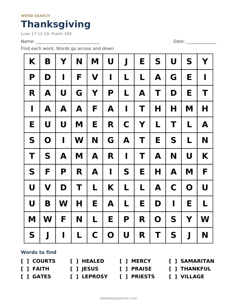 Thanksgiving Bible word search to print, with words like COURTS, FAITH, GATES and more