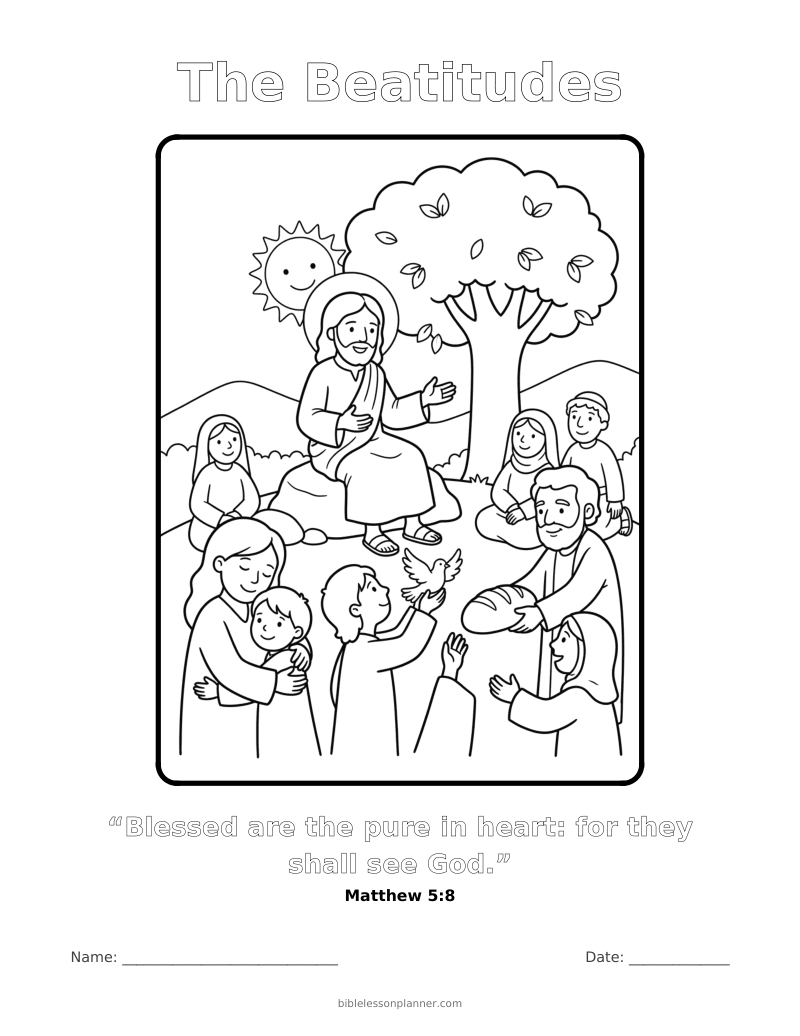 The Beatitudes coloring page to print, with the memory verse Matthew 5:8