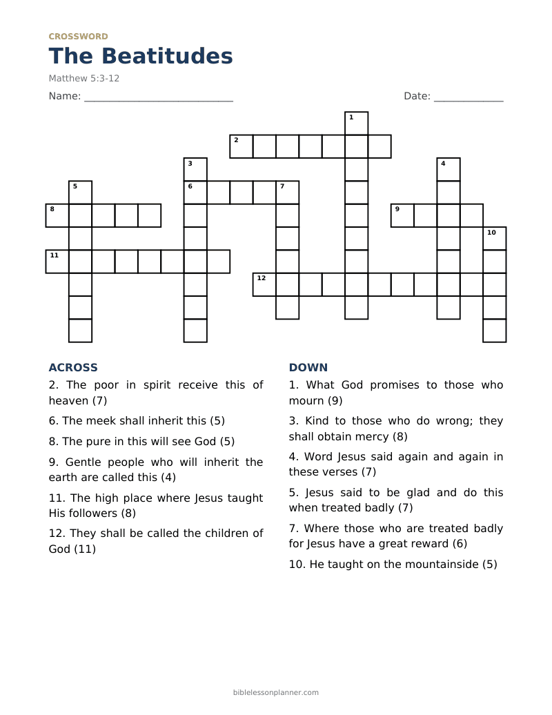 The Beatitudes Bible crossword puzzle to print, with across and down clues