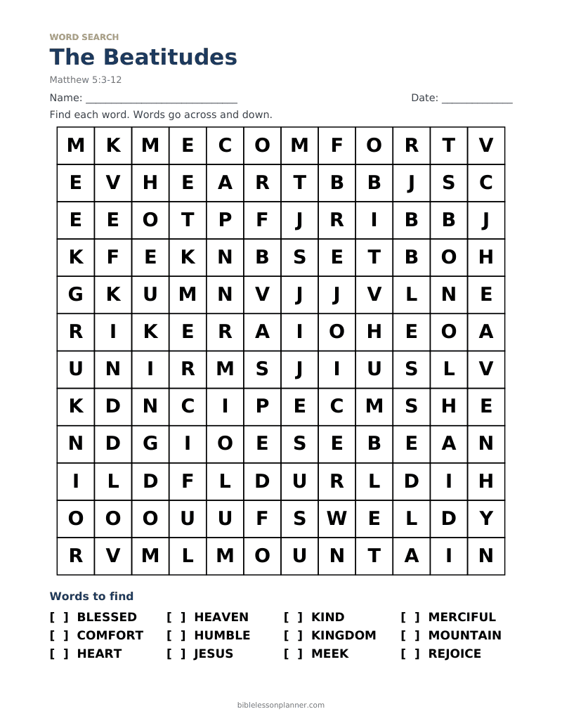 The Beatitudes Bible word search to print, with words like BLESSED, COMFORT, HEART and more