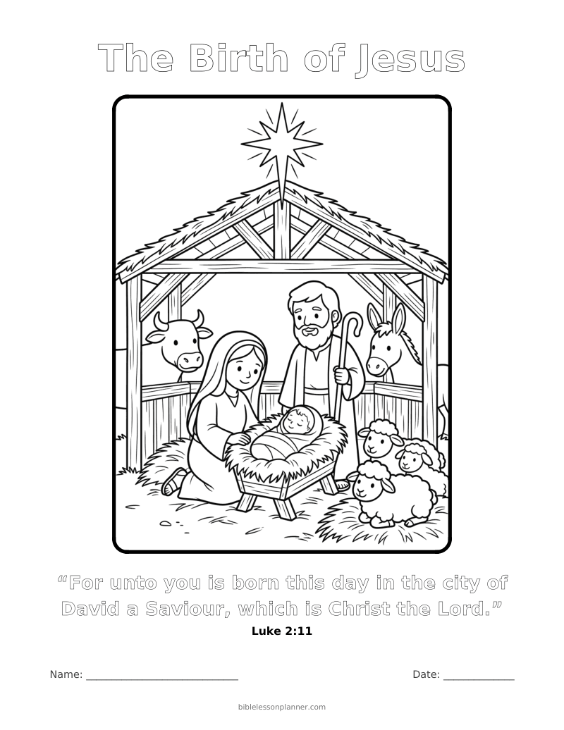 The Birth of Jesus coloring page to print, with the memory verse Luke 2:11