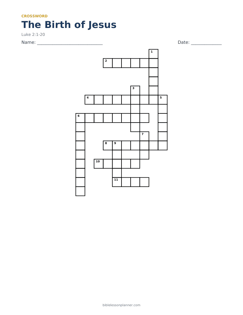 The Birth of Jesus Bible crossword puzzle to print, with across and down clues