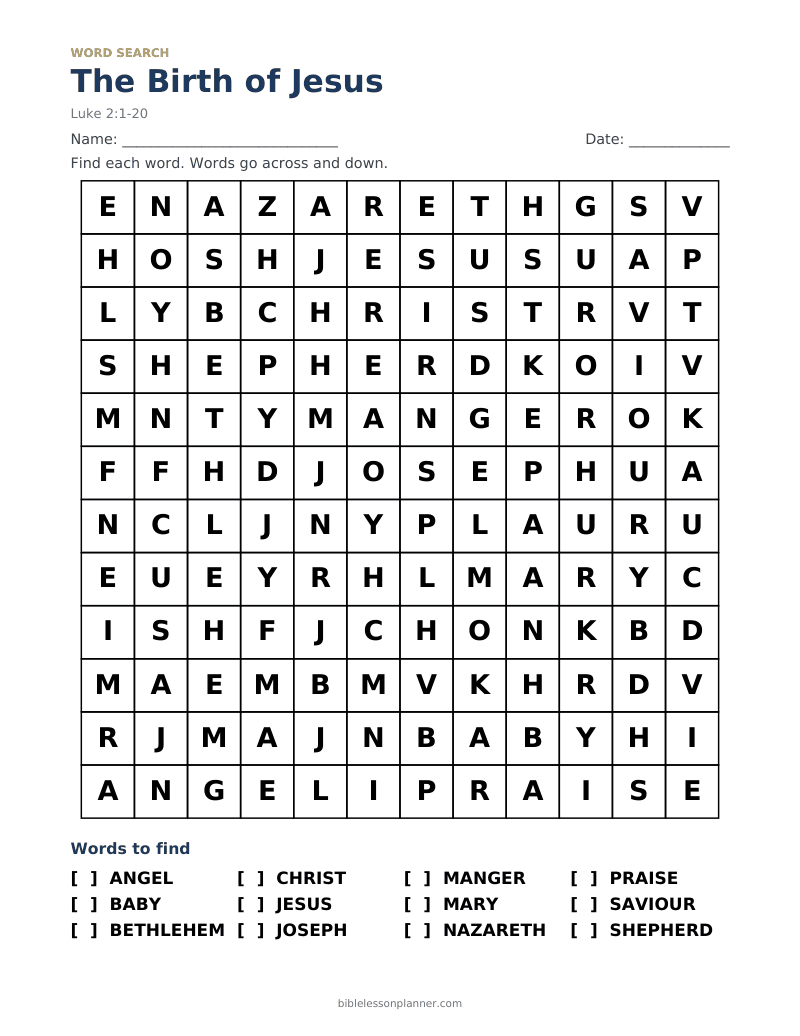 The Birth of Jesus Bible word search to print, with words like ANGEL, BABY, BETHLEHEM and more