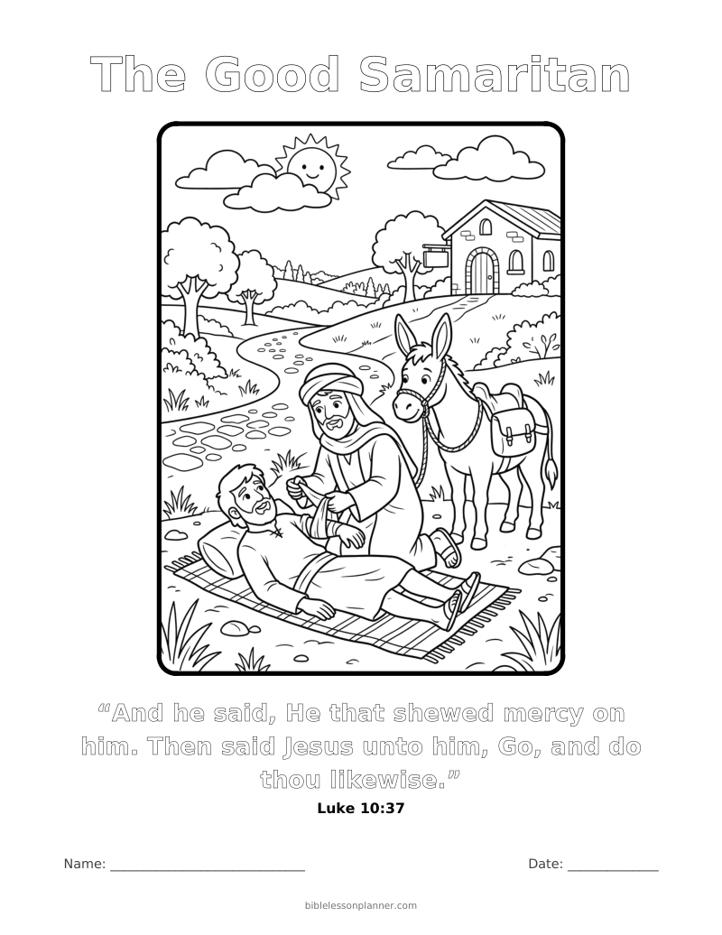 The Good Samaritan coloring page to print, with the memory verse Luke 10:37