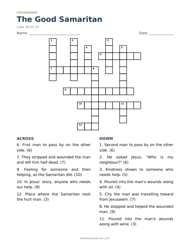The Good Samaritan Bible crossword puzzle to print, with across and down clues