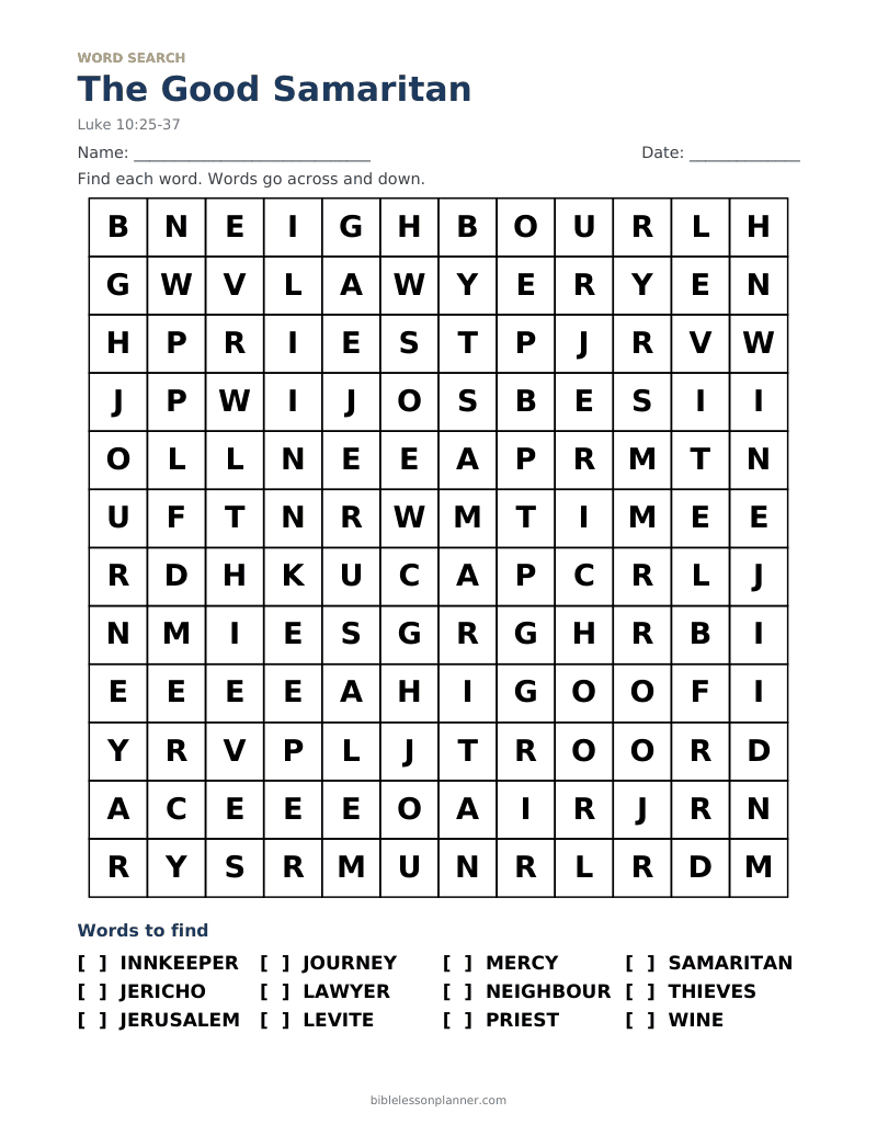 The Good Samaritan Bible word search to print, with words like INNKEEPER, JERICHO, JERUSALEM and more