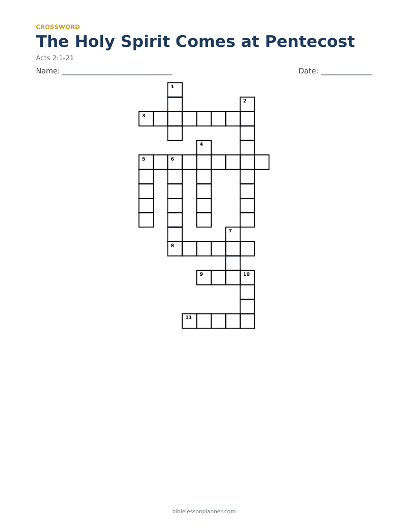 The Holy Spirit Comes at Pentecost Bible crossword puzzle to print, with across and down clues