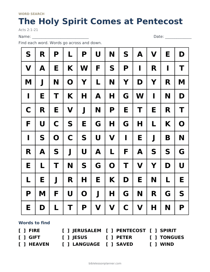 The Holy Spirit Comes at Pentecost Bible word search to print, with words like FIRE, GIFT, HEAVEN and more