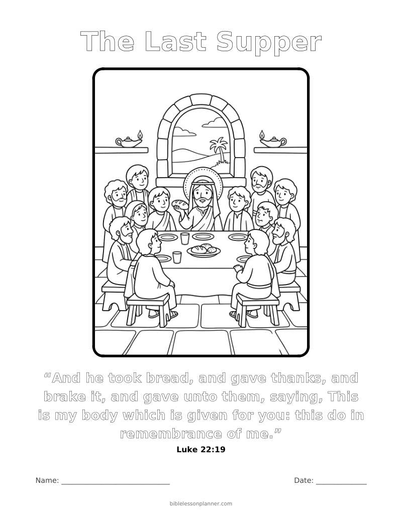 The Last Supper coloring page to print, with the memory verse Luke 22:19