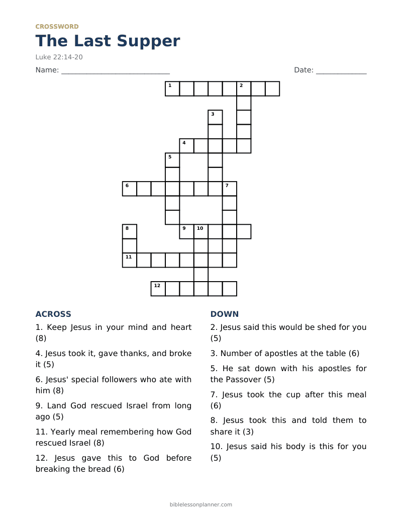 The Last Supper Bible crossword puzzle to print, with across and down clues