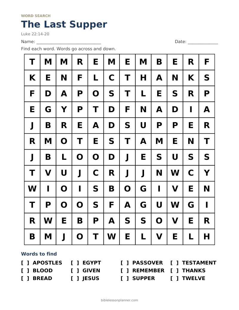 The Last Supper Bible word search to print, with words like APOSTLES, BLOOD, BREAD and more