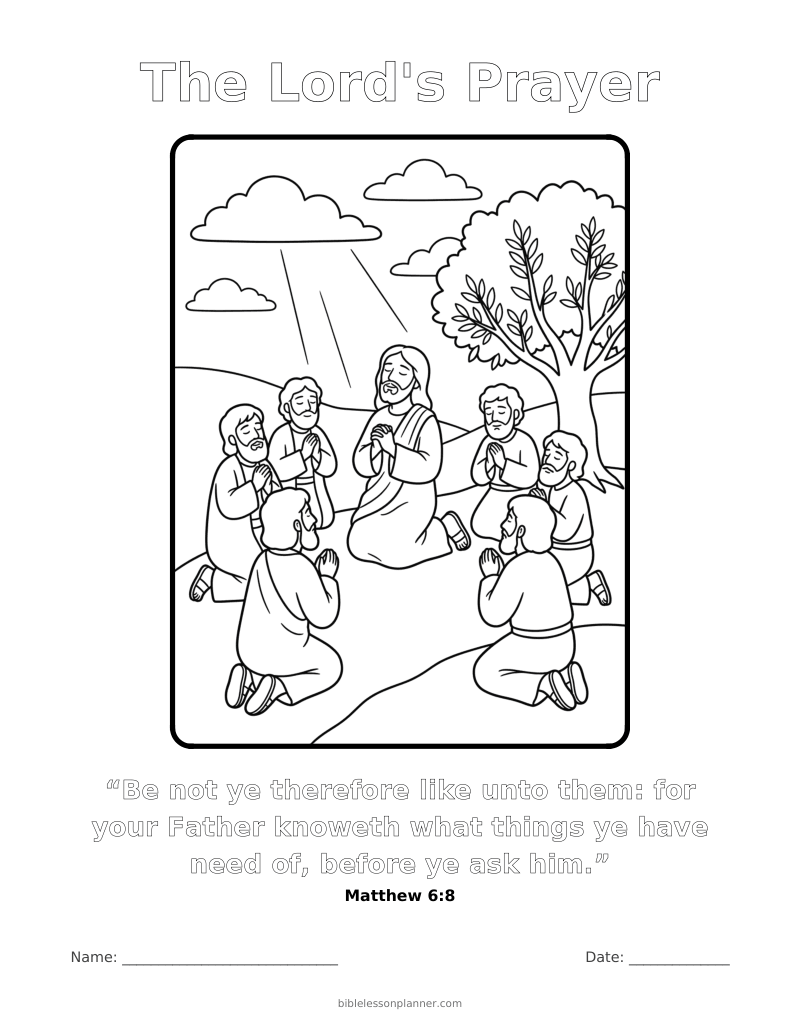 The Lord's Prayer coloring page to print, with the memory verse Matthew 6:8