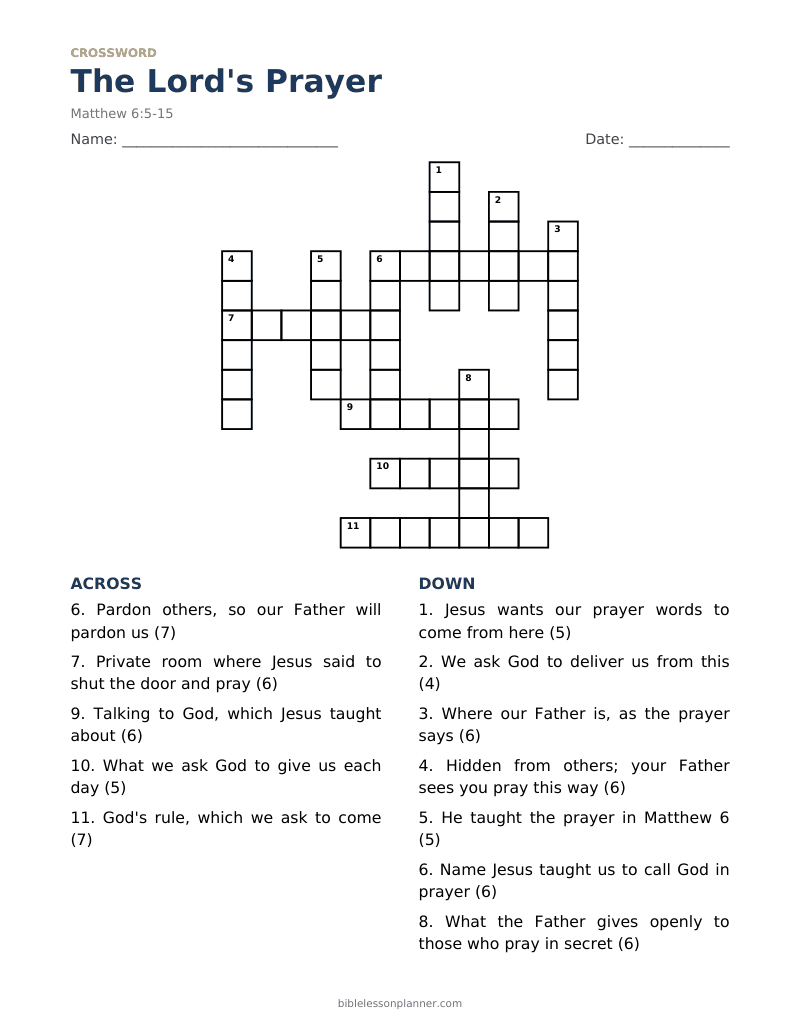 The Lord's Prayer Bible crossword puzzle to print, with across and down clues