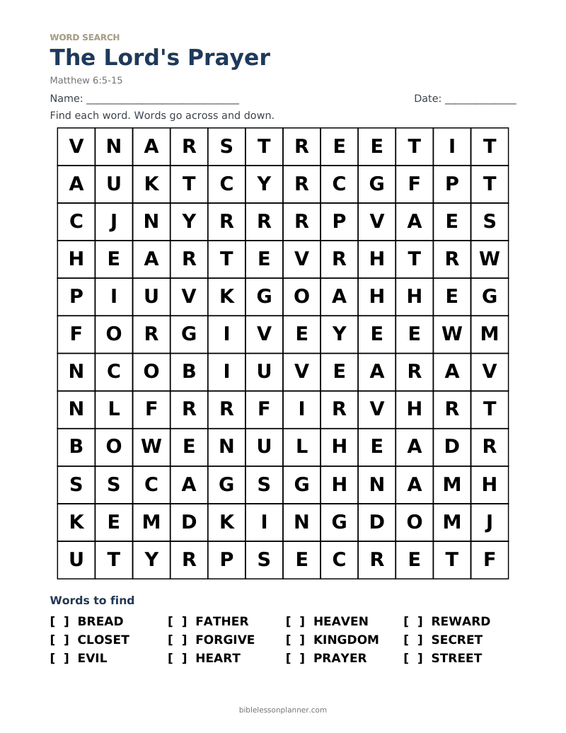 The Lord's Prayer Bible word search to print, with words like BREAD, CLOSET, EVIL and more