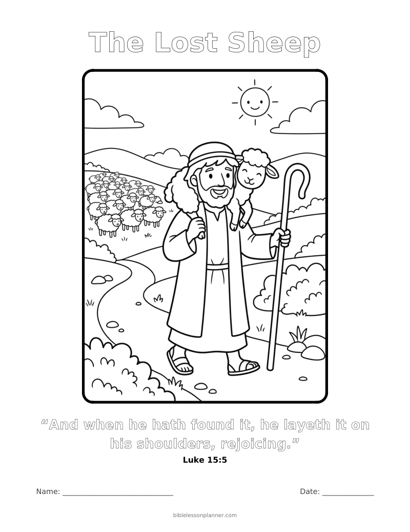 The Lost Sheep coloring page to print, with the memory verse Luke 15:5