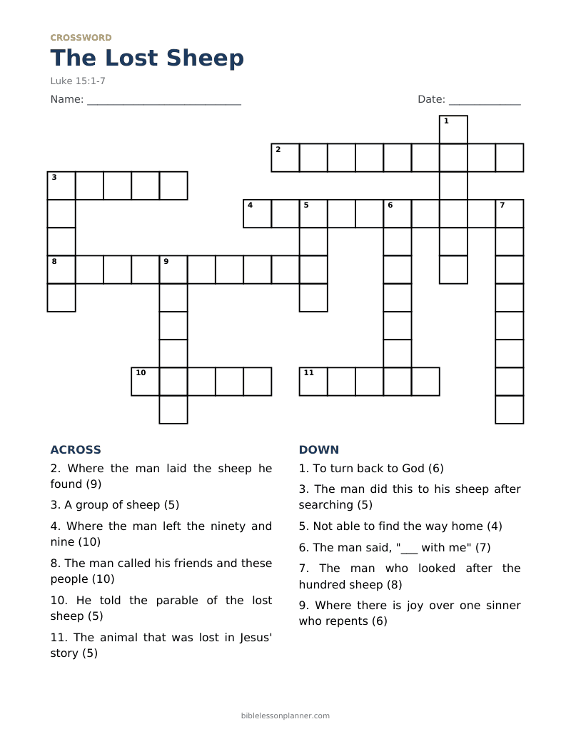 The Lost Sheep Bible crossword puzzle to print, with across and down clues