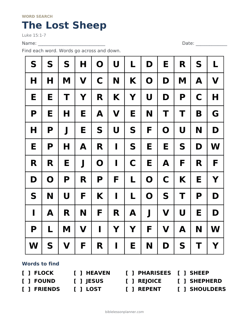 The Lost Sheep Bible word search to print, with words like FLOCK, FOUND, FRIENDS and more