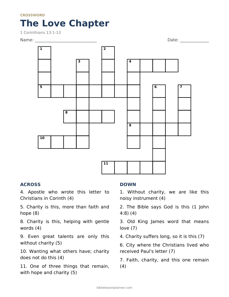 The Love Chapter Bible crossword puzzle to print, with across and down clues