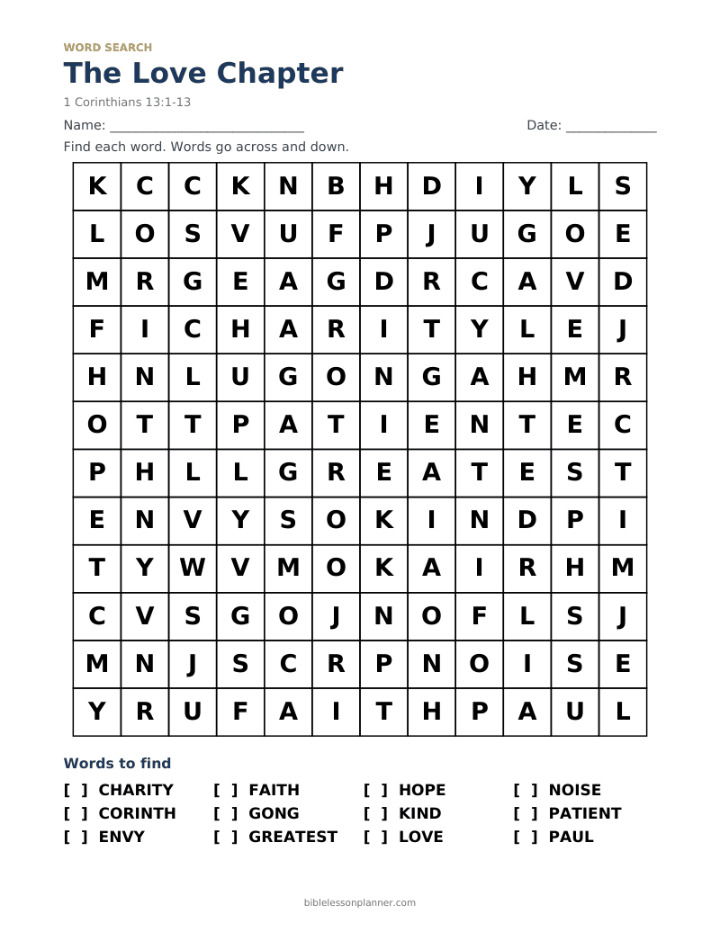 The Love Chapter Bible word search to print, with words like CHARITY, CORINTH, ENVY and more