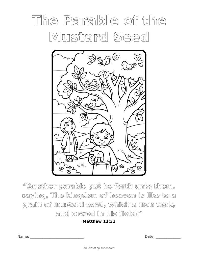 The Parable of the Mustard Seed coloring page to print, with the memory verse Matthew 13:31