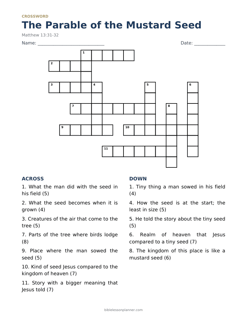 The Parable of the Mustard Seed Bible crossword puzzle to print, with across and down clues