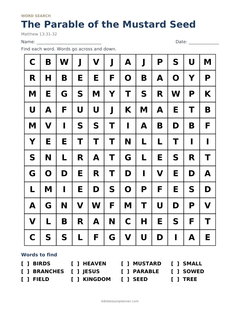 The Parable of the Mustard Seed Bible word search to print, with words like BIRDS, BRANCHES, FIELD and more