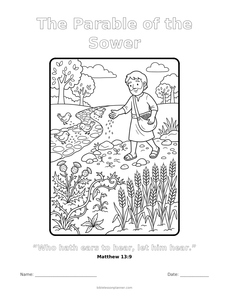 The Parable of the Sower coloring page to print, with the memory verse Matthew 13:9