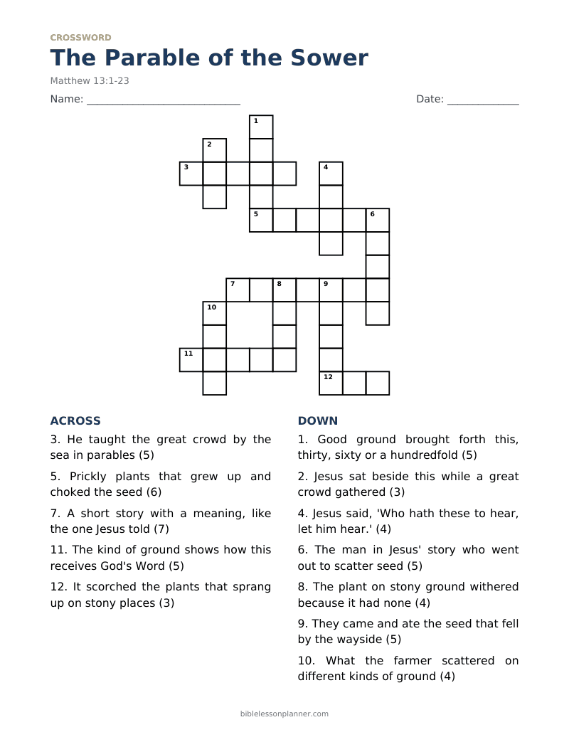 The Parable of the Sower Bible crossword puzzle to print, with across and down clues
