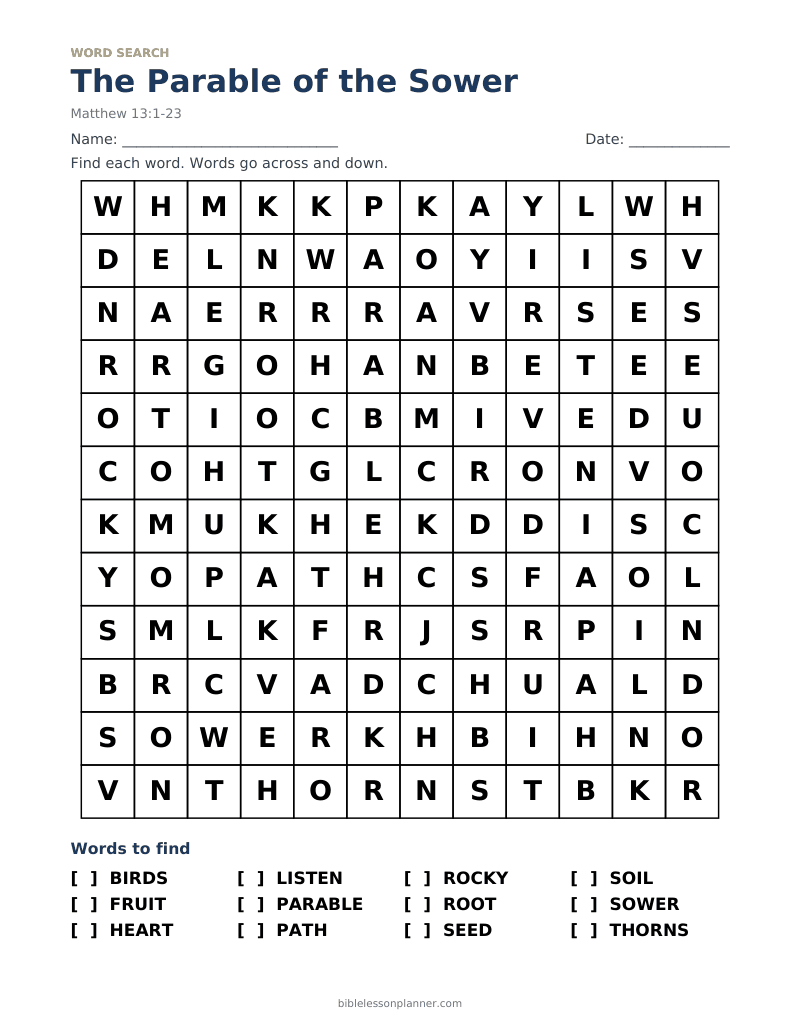 The Parable of the Sower Bible word search to print, with words like BIRDS, FRUIT, HEART and more