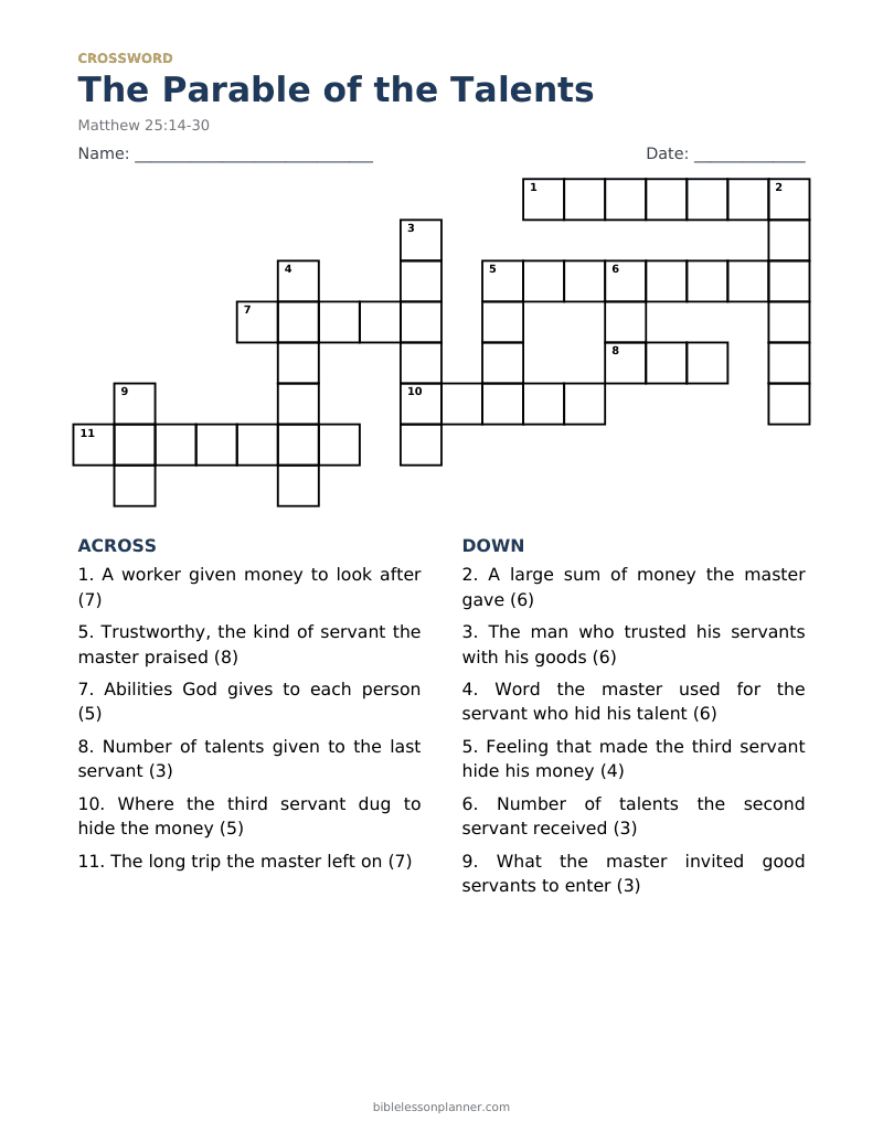 The Parable of the Talents Bible crossword puzzle to print, with across and down clues