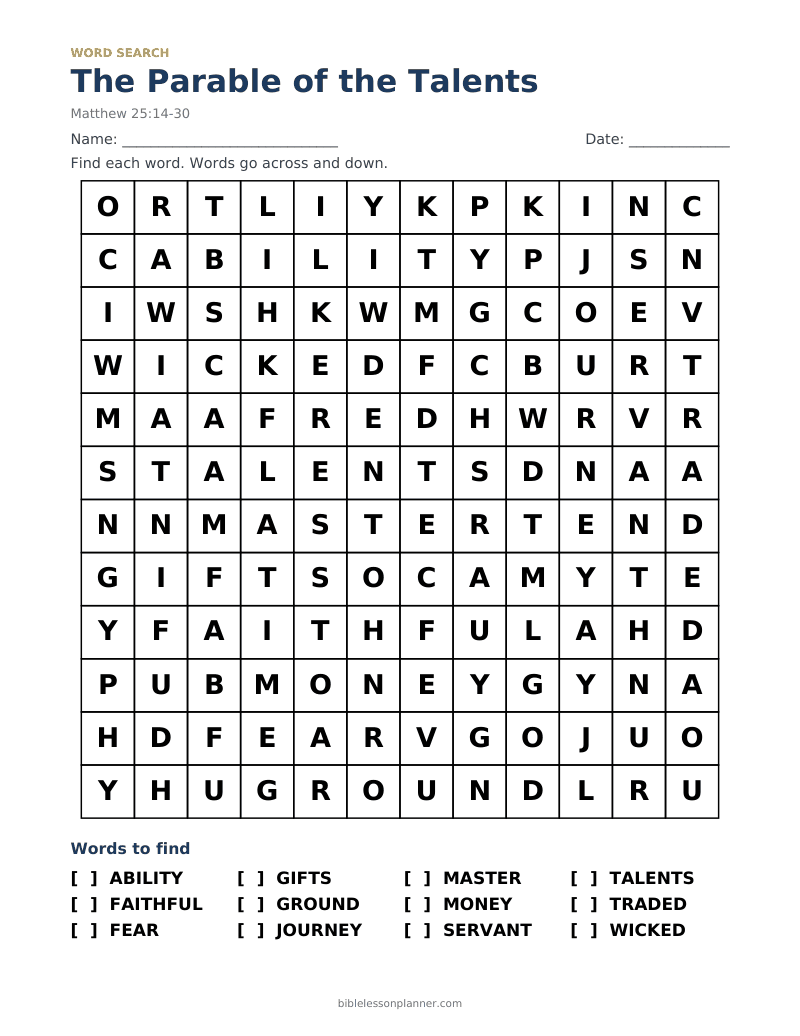 The Parable of the Talents Bible word search to print, with words like ABILITY, FAITHFUL, FEAR and more