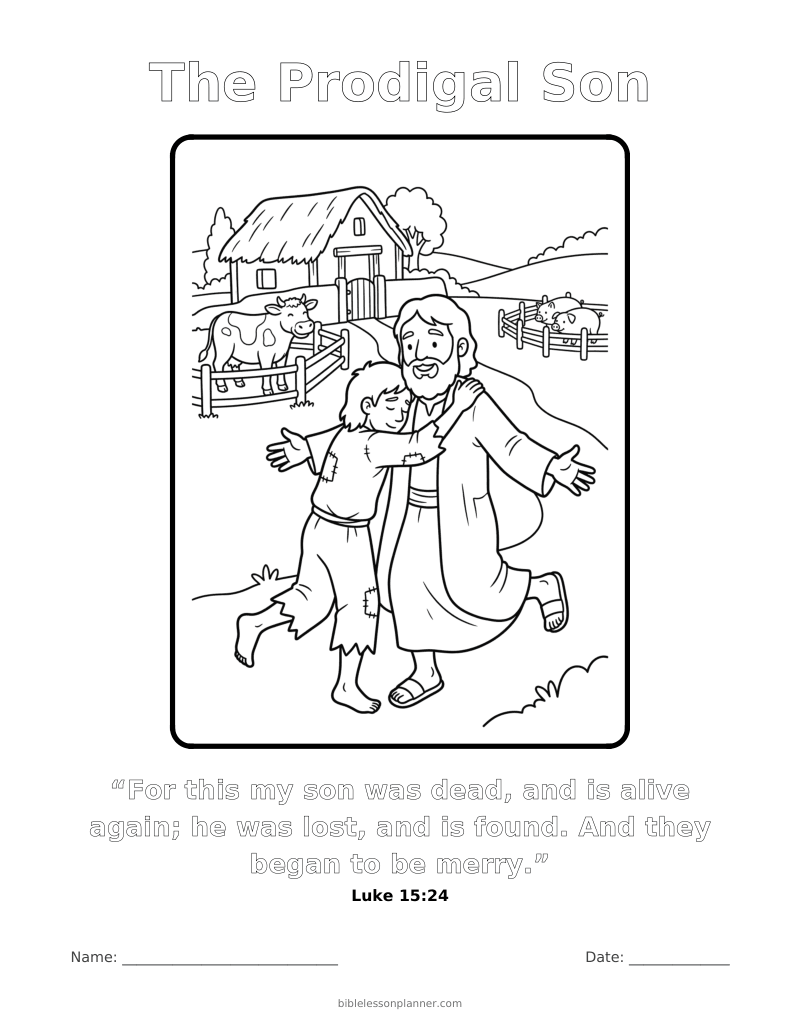 The Prodigal Son coloring page to print, with the memory verse Luke 15:24