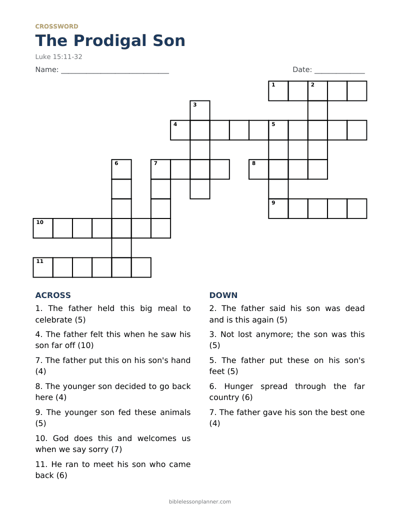 The Prodigal Son Bible crossword puzzle to print, with across and down clues