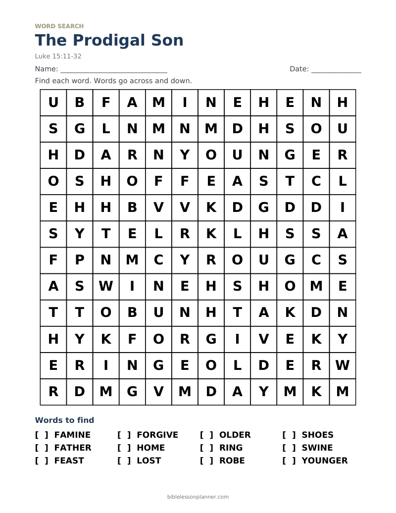 The Prodigal Son Bible word search to print, with words like FAMINE, FATHER, FEAST and more