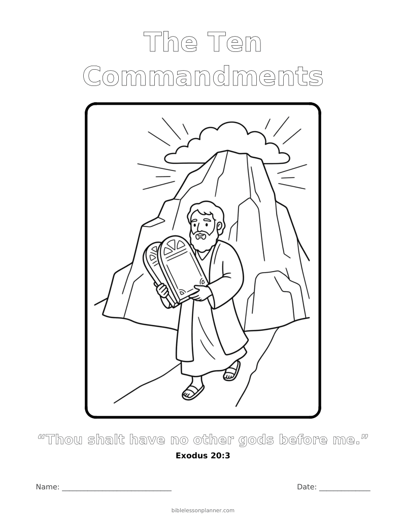 The Ten Commandments coloring page to print, with the memory verse Exodus 20:3