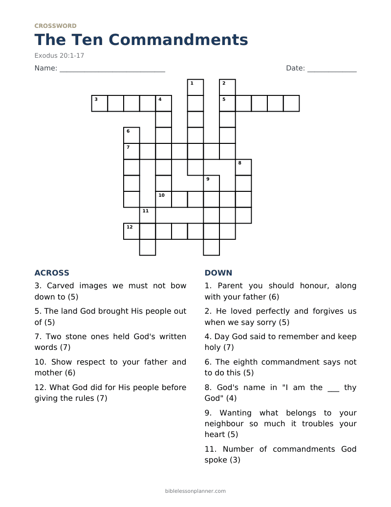 The Ten Commandments Bible crossword puzzle to print, with across and down clues