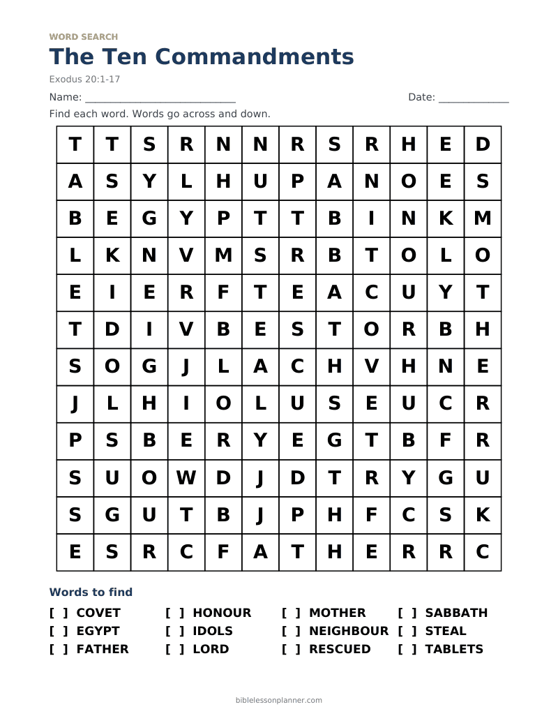The Ten Commandments Bible word search to print, with words like COVET, EGYPT, FATHER and more