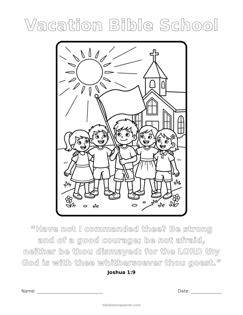 Vacation Bible School coloring page to print, with the memory verse Joshua 1:9
