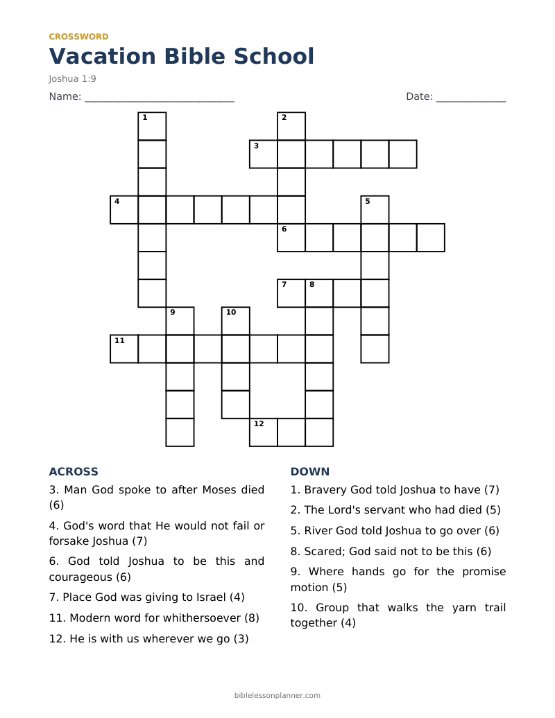 Vacation Bible School Bible crossword puzzle to print, with across and down clues