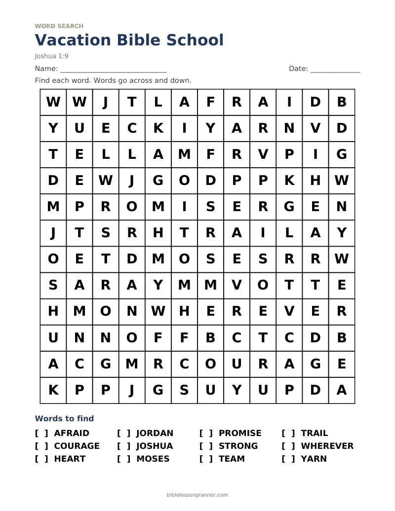 Vacation Bible School Bible word search to print, with words like AFRAID, COURAGE, HEART and more