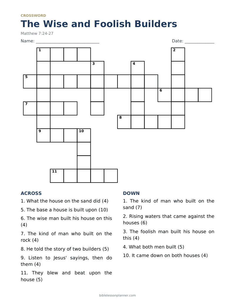 The Wise and Foolish Builders Bible crossword puzzle to print, with across and down clues