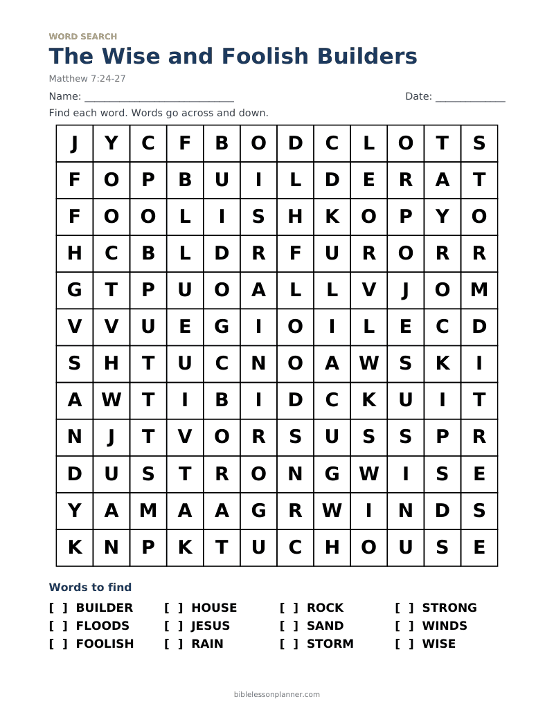 The Wise and Foolish Builders Bible word search to print, with words like BUILDER, FLOODS, FOOLISH and more
