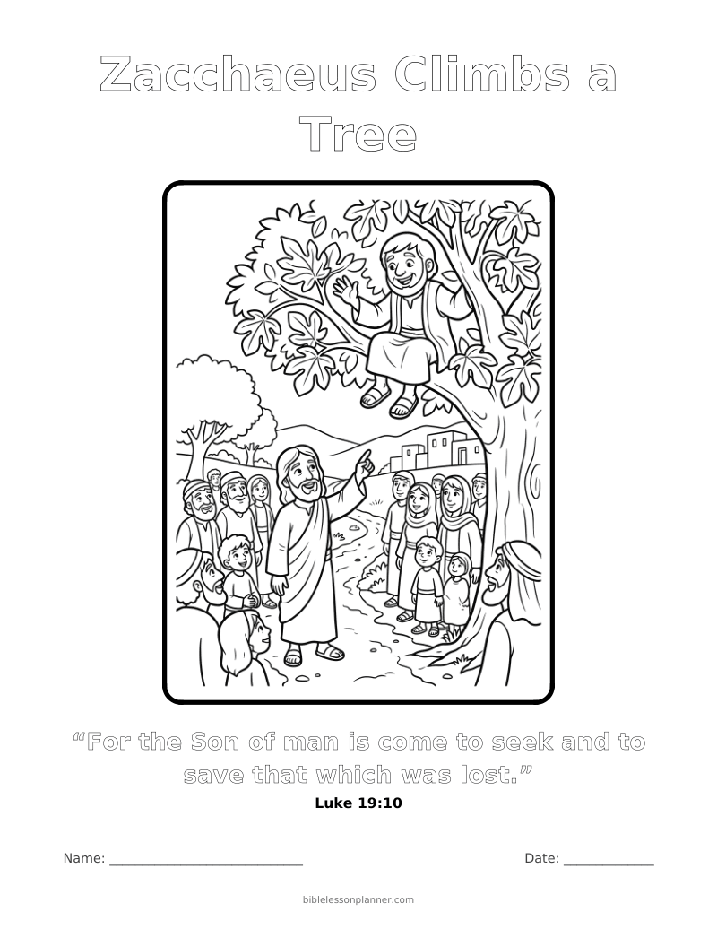 Zacchaeus Climbs a Tree coloring page to print, with the memory verse Luke 19:10