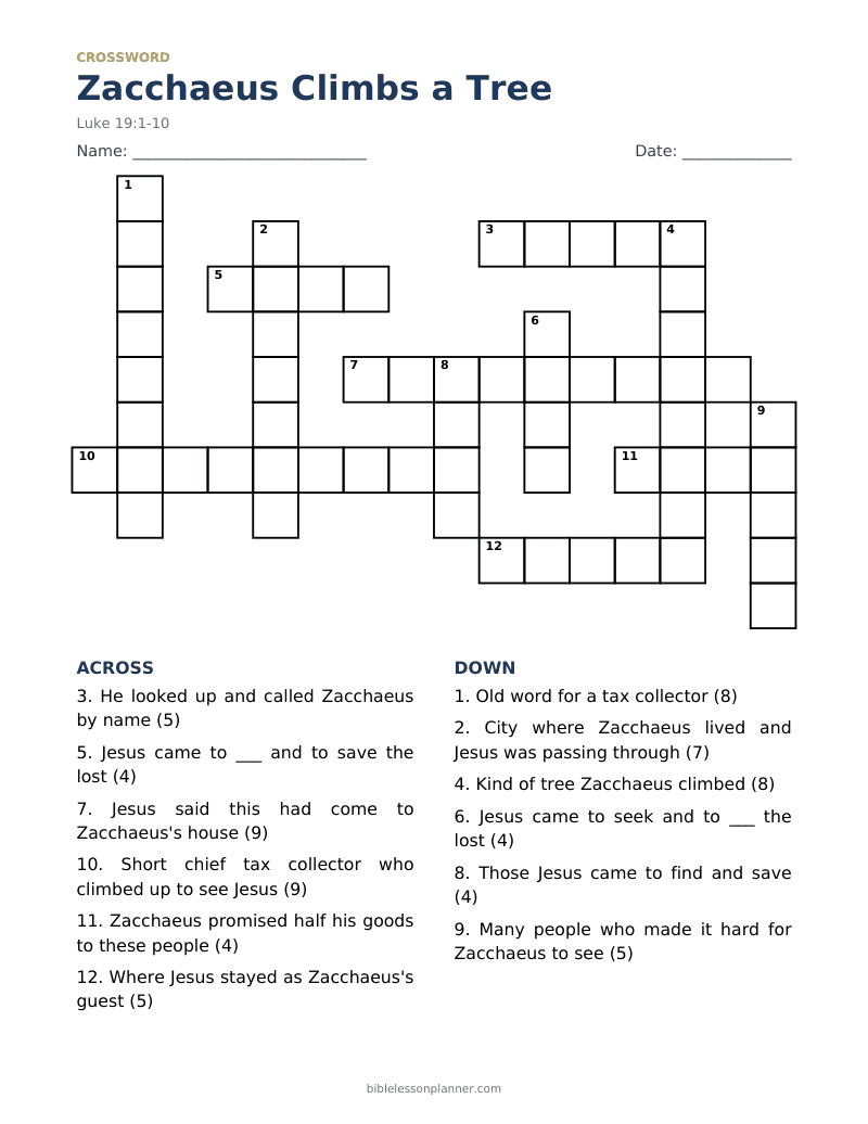 Zacchaeus Climbs a Tree Bible crossword puzzle to print, with across and down clues