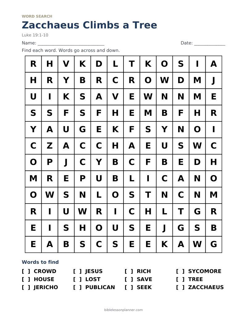 Zacchaeus Climbs a Tree Bible word search to print, with words like CROWD, HOUSE, JERICHO and more