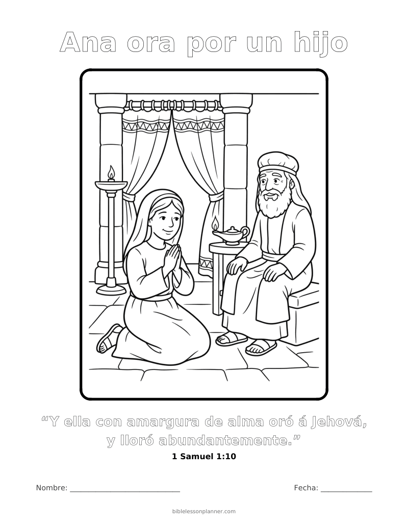 Dibujo para colorear: Ana ora por un hijo, para imprimir, con el versículo 1 Samuel 1:10