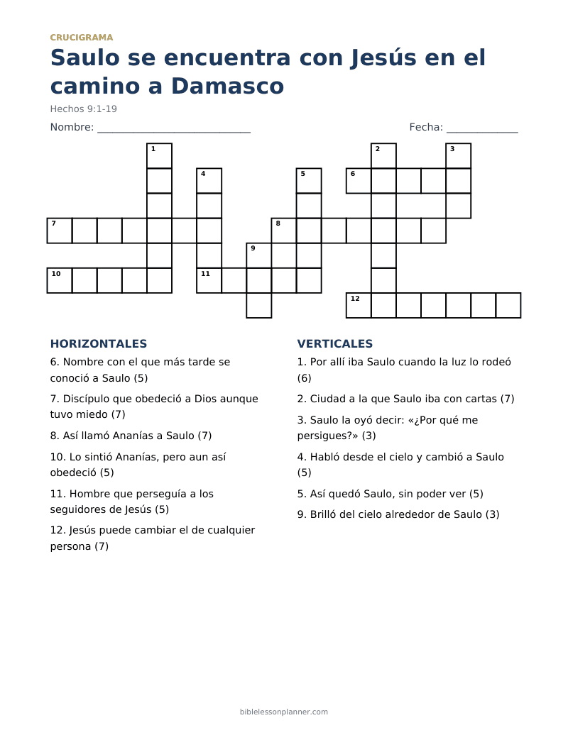 Crucigrama bíblico: Saulo se encuentra con Jesús en el camino a Damasco, para imprimir, con pistas horizontales y verticales